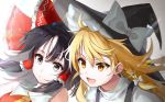  2girls :o bare_shoulders black_hair blonde_hair blurry bow braid commentary_request cravat depth_of_field eyebrows_visible_through_hair eyes_visible_through_hair grey_eyes hair_between_eyes hair_blowing hair_bow hair_ribbon hair_tubes hakurei_reimu hat high_collar highres kirisame_marisa kiyosato0928 leaning_forward leaning_to_the_side lens_flare long_hair looking_at_viewer looking_to_the_side medium_hair multiple_girls open_mouth red_vest ribbon shirt sidelocks simple_background single_braid touhou tress_ribbon upper_body vest white_background white_shirt witch_hat yellow_eyes yellow_neckwear 
