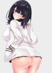  1girl ass bangs black_hair black_skirt blue_eyes blush breasts closed_mouth hands_in_pockets highres hips large_breasts long_hair long_sleeves looking_at_viewer looking_back miniskirt pleated_skirt sankakusui school_uniform shiny shiny_hair shiny_skin simple_background skirt solo ssss.gridman sweater swept_bangs takarada_rikka thighs white_background white_sweater 