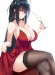  1girl alcohol awu azur_lane bangs bare_shoulders black_hair black_legwear breasts champagne champagne_flute choker cleavage cocktail_dress crossed_bangs cup dress drinking_glass hair_between_eyes highres large_breasts long_hair looking_at_viewer mask mask_on_head red_choker red_dress red_eyes sitting solo taihou_(azur_lane) thigh-highs 