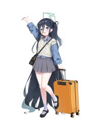  1girl absurdly_long_hair absurdres aqua_halo aris_(blue_archive) arm_up bag black_bag black_footwear black_hairband blue_archive blue_eyes blue_hair blue_shirt commentary dark_blue_hair full_body grey_skirt hair_between_eyes hairband halo highres koy_(4767269) long_hair long_hair_between_eyes long_sleeves mary_janes open_mouth rolling_suitcase shirt shoes shoulder_bag side_ponytail simple_background skirt smile socks solo suitcase teeth upper_teeth_only very_long_hair vest white_background white_socks white_vest yellow_bag 