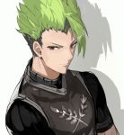  1boy achilles_(fate) andrian_gilang armor fate/apocrypha fate_(series) green_hair highres male_focus shadow simple_background solo upper_body white_background yellow_eyes 