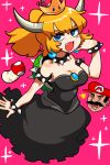  1girl :d absurdres armlet bangs bare_shoulders black_collar black_dress blonde_hair blue_eyes bowsette bracelet breasts brooch cleavage collar crown dress earrings fang hand_up highres horns jewelry lkll long_hair mario super_mario_bros. medium_breasts mushroom new_super_mario_bros._u_deluxe nintendo open_mouth pink_background pink_pupils pinky_out ponytail sexually_suggestive smile solo sparkle spiked_armlet spiked_bracelet spiked_collar spikes strapless strapless_dress super_crown turtle_shell v-shaped_eyebrows 