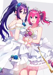  absurdres aqua_eyes armband bangs bare_arms bare_shoulders crown detached_sleeves dress flower frilled_dress frills hair_flower hair_ornament high_ponytail highres jewelry kurosawa_ruby long_hair love_live! love_live!_sunshine!! mashiro_(rikuya) matsuura_kanan multicolored multicolored_background multiple_girls necklace open_mouth ponytail purple_hair redhead smile two_side_up violet_eyes wedding wedding_dress wife_and_wife yuri 