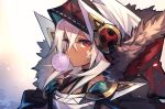  1girl azur_lane bandage bubble bubble_blowing chewing_gum dark_skin fur_trim hood hoodie mephist-pheles minneapolis_(azur_lane) red_eyes solo tan white_hair 