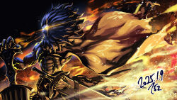  152_in_can 1boy absurdres animalization black_fur cape fate/grand_order fate/strange_fake fate_(series) glowing glowing_eye hand_on_hilt highres holding holding_sword holding_weapon huge_weapon lion lion_boy male_focus richard_i_(fate) richard_i_(third_ascension)_(fate) solo sword topless_male weapon yellow_eyes 