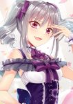  1girl :d absurdres ascot black_bow bow bowtie breasts choker eyebrows_visible_through_hair floating_hair gu_li hair_between_eyes hair_ribbon hand_on_hip highres idolmaster idolmaster_cinderella_girls kanzaki_ranko long_hair looking_at_viewer open_mouth purple_bow purple_neckwear purple_ribbon red_eyes ribbon shiny shiny_hair silver_hair sleeveless small_breasts smile solo sparkle twintails upper_body wrist_cuffs 