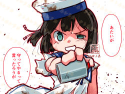  1girl artist_logo black_hair blue_sailor_collar bob_cut commentary_request daitou_(kancolle) dated depth_charge dirty dirty_clothes dress green_eyes grin hat high_ponytail holding kantai_collection kutone_shirika logo looking_at_viewer sailor_collar sailor_dress sailor_hat short_hair short_ponytail short_sleeves smile solo torn_clothes translation_request white_dress white_hat 