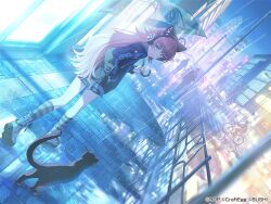  1girl ahoge animal_ear_headphones animal_ears bang_dream! bicycle black_cat blue_eyes building car cat crosswalk fake_animal_ears hand_in_pocket headphones holding holding_umbrella lamppost legs long_hair motor_vehicle official_art outdoors people pink_hair puddle rain road shoes socks street striped_clothes striped_socks tamade_chiyu tree umbrella walking 