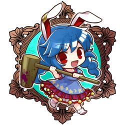  1girl :d animal_ears blue_dress blue_hair braid chibi chibi_only crescent_print dress earclip full_body holding holding_mallet long_hair looking_at_viewer mallet open_mouth rabbit_ears seiran_(touhou) short_sleeves smile socha solo star_(symbol) star_print touhou twin_braids 