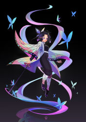  absurdres animal_print artist_request belt blue_butterfly bug butterfly butterfly_hair_ornament butterfly_on_hand butterfly_print demon_slayer_uniform flower gradient_hair hair_ornament haori highres japanese_clothes katana kimetsu_no_yaiba kochou_shinobu multicolored_hair parted_bangs purple_butterfly purple_hair sword sword_writing updo weapon white_belt wisteria 