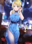  1girl alternate_hairstyle ayase_eli bar_stool blonde_hair blue_dress blue_eyes blue_ribbon blurry blush bokeh breasts commentary_request counter covered_navel cup depth_of_field dress drinking_glass eyebrows_visible_through_hair hair_ribbon hair_tucking half_updo highres jewelry long_hair looking_at_viewer love_live! love_live!_school_idol_project medium_breasts minori_748 necklace night pearl_necklace ribbon sash side_slit sidelocks sleeveless sleeveless_dress smile solo sparkle stool window wine_glass 