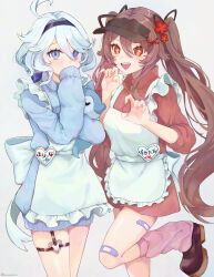 2girls absurdres ahoge alternate_costume apron bandaid bandaid_on_leg black_ribbon black_visor blue_eyes blue_hair blue_hairband blue_sweater brown_footwear brown_hair character_doll claw_pose commentary_request covering_own_mouth cowboy_shot dress drop-shaped_pupils eyelash_ornament flower-shaped_pupils frilled_apron frills furina_(genshin_impact) genshin_impact hair_between_eyes hair_ornament hair_ribbon hairband heart heart_ring_strap highres holding holding_stuffed_toy hu_tao_(genshin_impact) leg_warmers long_hair long_sleeves looking_at_viewer moika multiple_girls open_mouth pink_leg_warmers red_eyes red_sweater ribbon short_hair side-by-side simple_background sleeves_past_fingers sleeves_past_wrists sleeves_rolled_up standing standing_on_one_leg stuffed_toy surintendante_chevalmarin sweater sweater_dress symbol-shaped_pupils teeth thigh_strap twintails twitter_username upper_teeth_only very_long_hair visor_cap waitress white_apron white_background x_hair_ornament 