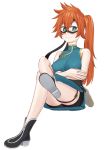  1girl aqua_eyes bike_shorts black_footwear blush boku_no_hero_academia boots breasts china_dress chinese_clothes commentary_request crossed_arms domino_mask dress easy_(aqk7bdqt) kendou_itsuka large_breasts legs_crossed long_hair looking_at_viewer mask orange_hair shorts_under_dress side_ponytail side_slit simple_background sitting smile solo thigh_strap white_background 