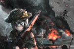  1girl 6+others aircraft airplane blue_hair british_army carrying chinese_commentary clouds cloudy_sky commentary_request explosion green_eyes gun helmet highres komeiji_koishi lee-enfield lolipantherwww looking_at_viewer multiple_others ocean rain rifle shaded_face ship short_hair shoulder_carry sketch sky solo_focus tears third_eye touhou uniform upper_body watercraft weapon wet wet_clothes wet_hair world_war_ii 