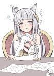  1girl animal_ears asymmetrical_clothes bangs bare_shoulders blue_eyes blunt_bangs blush breasts cleavage commentary_request dress elbow_gloves erune gloves granblue_fantasy hair_ornament highres korwa large_breasts long_hair open_mouth paper quill silver_hair sitting solo table tatsuno_(saya-tatsuno) translation_request white_gloves 