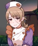  1girl artist_name blurry blurry_background brown_eyes brown_hair commentary depth_of_field disco_brando drill_hair eyebrows_visible_through_hair halloween halloween_costume hat idolmaster idolmaster_cinderella_girls long_hair looking_at_viewer morikubo_nono solo stitches twintails upper_body 