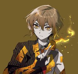  1boy asymmetrical_sleeves blonde_hair brown_background brown_jacket closed_mouth e.g.o_(project_moon) frown gapamopa grey_shirt highres jacket korean_commentary limbus_company looking_at_viewer male_focus necktie ofuda pinstripe_pattern portrait project_moon red_necktie red_sheet_(e.g.o) shirt short_hair simple_background sinclair_(project_moon) single_bare_shoulder solo technology_liberation_alliance_(identity)_(project_moon) uneven_sleeves v-shaped_eyebrows yellow_eyes 
