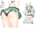  2018 animal_ears arm_support art556_(girls_frontline) ass boots breasts chung_cthemax cropped_legs cropped_torso dated facebook_username girls_frontline green_skirt hair_between_eyes highres navel skirt small_breasts thigh-highs thigh_boots thighs twintails twitter_username white_background white_footwear yellow_eyes 