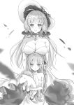  2girls ahoge azur_lane blurry breasts choker cleavage depth_of_field doll_hug dress elbow_gloves envyvanity gloves greyscale hair_bun hair_ribbon hat illustrious_(azur_lane) long_hair looking_at_viewer mole mole_under_eye monochrome multiple_girls one_side_up parted_lips ribbon simple_background size_difference sketch smile stuffed_alicorn stuffed_animal stuffed_toy sun_hat tri_tails unicorn_(azur_lane) wind 
