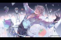  1boy :d black_bow black_bowtie black_gloves black_pants blue_eyes blue_hair bow bowtie bright_pupils commentary copyright_notice english_commentary gavis_bettel gloves grey_hair hair_between_eyes hat heterochromia holostars holostars_english letterboxed lifting_person looking_at_viewer male_focus medium_hair multicolored_hair official_art open_mouth outstretched_arms paid_reward_available pants pink_eyes pink_hair propeller_hat riz_tempura shirt skeleton smile tomato top_hat traditional_bowtie virtual_youtuber white_pupils white_shirt 