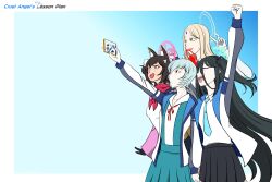  4girls absurdly_long_hair absurdres animal_ear_fluff animal_ears aris_(blue_archive) ayanami_rei ayumu_(blue_archive) black_hair blonde_hair blue_archive blue_hair blue_necktie brown_hair fox_ears hairband halo highres izuna_(blue_archive) jacket long_hair multiple_girls necktie neon_genesis_evangelion one_side_up open_mouth pink_halo red_eyes red_halo school_uniform selfie shirt short_hair simple_background very_long_hair yellow_eyes ziodyne 