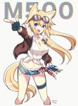  1girl animal_ears blonde_hair blue_eyes breasts cat_ears cleavage denim denim_shorts eyebrows_visible_through_hair fang finger_gun fingerless_gloves girls_frontline gloves goggles goggles_on_head hiroichi jacket large_breasts long_hair looking_at_viewer mossberg_m590_(girls_frontline) open_mouth pointing shirt shorts solo standing t-shirt tail tied_shirt 