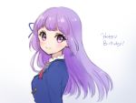 1girl aikatsu! aikatsu!_(series) blue_jacket blush breasts closed_mouth commentary_request gradient gradient_background grey_background hair_ribbon happy_birthday hikami_sumire jacket long_hair looking_at_viewer looking_to_the_side nuno_(pppompon) purple_hair purple_ribbon ribbon small_breasts smile solo starlight_academy_uniform upper_body very_long_hair violet_eyes white_background 