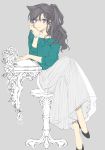  1girl aqua_sweater black_footwear brown_hair chin_rest full_body grey_background hair_between_eyes long_hair long_skirt looking_at_viewer meitantei_conan mouri_ran pumps ribbed_sweater ro-a side_ponytail simple_background sitting skirt solo sweater violet_eyes watch watch white_skirt 