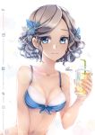  1girl artist_name bangs bikini_top blue_eyes breasts cleavage collarbone front-tie_bikini front-tie_top grey_hair hair_ornament holding looking_at_viewer medium_breasts navel original parted_bangs quiss short_hair smile solo sparkle upper_body watermark web_address 