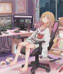  1girl :| bangs barefoot black_eyes blonde_hair blush book bookshelf bottle building bulletin_board cable calendar_(object) cellphone chair closed_mouth clothes_writing commentary_request cosmetics curtains dual_monitor half-closed_eyes hikikomori i_heart... indoors long_hair looking_at_viewer mirror monitor mouse_(computer) nail_polish night no_pants original oversized_clothes phone purple_nails pushpin rain shirt sitting skyscraper sleeves_past_wrists slippers slippers_removed smartphone socks_removed solo speaker stuffed_animal stuffed_toy sweatshirt swivel_chair tabao teddy_bear toenail_polish white_shirt window wireless_mouse 