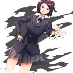  1girl amagami black_jacket blazer brown_eyes brown_hair cowboy_shot determined dutch_angle furrowed_eyebrows grey_skirt hand_on_hip jacket kibito_high_school_uniform kurosawa_noriko light_blue_hair light_smile long_sleeves pleated_skirt reaching_out school_uniform short_hair skirt smile solo sweater_vest wind woori_(jtfy3485) 