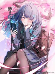  1girl artist_name black_jacket black_pantyhose black_skirt blazer blue_eyes blue_hair blush cellphone cherry_blossoms closed_mouth commentary_request copyright_name cover cover_page dark_blue_hair feet_out_of_frame hair_ornament hand_on_own_cheek hand_on_own_face head_rest hidaka_mikoto highres holding holding_phone jacket komupi long_hair long_sleeves looking_at_phone novel_cover official_art pantyhose petals phone pink_pupils pleated_skirt shujinkou_no_osananajimi_ga_wakiyaku_no_ore_ni_guigui_kuru sitting skirt smartphone solo string string_of_fate swing 
