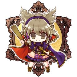  1girl blonde_hair blush cape chibi chibi_only closed_mouth commentary_request dress earmuffs full_body hand_up looking_at_viewer pointy_hair purple_cape red_cape ritual_baton smile socha solo sword touhou toyosatomimi_no_miko two-sided_cape two-sided_fabric weapon yellow_eyes 