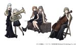  &gt;_&lt; 404_(girls_frontline) 5girls :3 :d :o alternate_costume alternate_hairstyle bangs black_dress black_footwear black_hairband black_legwear black_ribbon blush breasts brown_eyes brown_hair cello chair cheek_pull choker clarinet cleavage collarbone crossed_bangs double_bun dress duoyuanjun eyebrows_visible_through_hair flute french_horn g11_(girls_frontline) girls_frontline green_eyes grey_hair hair_between_eyes hair_ornament hair_up hairband hairclip high_heels highres hk416_(girls_frontline) holding holding_instrument instrument long_hair looking_at_viewer medium_breasts multiple_girls official_art one_side_up open_mouth pantyhose ponytail ribbon scar scar_across_eye shoes sidelocks silver_hair simple_background single_strap sitting small_breasts smile star star-shaped_pupils symbol-shaped_pupils trombone twintails ump40_(girls_frontline) ump45_(girls_frontline) ump9_(girls_frontline) very_long_hair white_background yellow_eyes 