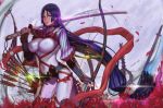  1girl arm_guards artist_name bodysuit bow_(weapon) breasts covered_navel dated edenfox electricity fate/grand_order fate_(series) fingerless_gloves gloves highres holding holding_sword holding_weapon large_breasts long_hair looking_at_viewer low-tied_long_hair minamoto_no_raikou_(fate/grand_order) purple_bodysuit purple_hair rope solo sword very_long_hair violet_eyes weapon 