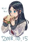  1girl alternate_costume araiguma_(gomipanda123) asirpa bangs black_hair blue_eyes blush_stickers breasts contemporary dated earrings eating eyebrows_visible_through_hair food golden_kamuy highres hoop_earrings jewelry long_hair long_sleeves parted_bangs sandwich school_uniform serafuku simple_background small_breasts solo upper_body white_background 