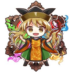  1girl black_footwear black_hat blonde_hair chibi chibi_only commentary_request detached_sleeves dress full_body green_skirt hands_up hat long_hair long_sleeves looking_at_viewer matara_okina open_mouth orange_sleeves orange_tabard skirt socha solo tabard touhou transparent_background v-shaped_eyebrows very_long_hair wide_sleeves yellow_eyes 