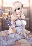  1girl arm_support bangs bare_shoulders black_bow blindfold blonde_hair bow braid breasts french_braid gem goblin_slayer! hair_bow highres indoors jewelry large_breasts long_hair maiden_of_the_sword necklace on_floor parted_lips platinum_blonde revealing_clothes scal2let scales sitting solo sword underbust very_long_hair weapon yokozuwari 