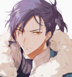  1boy absurdres aqua_cape black_shirt blue_hair cape closed_mouth collared_shirt commentary dark_blue_hair felix_hugo_fraldarius fire_emblem fire_emblem:_three_houses frown fur-trimmed_hood fur_trim hashtag-only_commentary high_collar highres hood hooded_cape layered_clothes looking_to_the_side male_focus orange_eyes ponytail portrait shirt short_ponytail sideways_glance simple_background solo st00cc turtleneck twitter_username white_background white_fur 