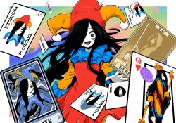  1girl absurdres balatro black_eyes black_hair breasts card colored_skin frills hair_over_one_eye hat highres jester_cap joker_(playing_card) leotard long_hair long_sleeves looking_at_viewer lughost open_mouth playing_card queen_(playing_card) red_lips solo tarot tarot_card the_ring very_long_hair white_skin yamamura_sadako 
