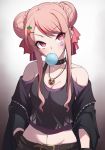  1girl bare_shoulders belt black_gloves breasts chewing_gum cleavage collar collarbone double_bun ear_piercing gloves hand_on_hip head_tilt himehina_channel jacket jewelry k_jin medium_breasts midriff navel necklace off_shoulder piercing pink_eyes pink_hair sidelocks solo tanaka_hime tank_top virtual_youtuber 