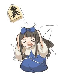  >_< 1girl arms_up blue_dress blunt_bangs blush brown_hair chibi commentary_request d: dress dx fairy_wings furrowed_brow hands_on_own_head highres kneeling kyuukei_usagi long_hair no_nose nose_blush object open_mouth simple_background sleeves_past_elbows solo star_sapphire tears touhou white_background wide_sleeves wings 
