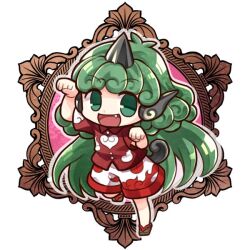  1girl :d arm_up chibi chibi_only collared_shirt commentary_request curly_hair fang full_body green_eyes green_hair hand_up horns kariyushi_shirt komainu_ears komano_aunn long_hair looking_at_viewer open_mouth paw_pose red_shirt shirt shorts single_horn smile socha solo tail touhou very_long_hair white_shorts 