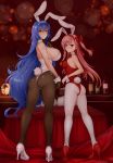  2girls absurdres animal_ears ass bangs bare_shoulders bed black_neckwear blue_hair blush bottle bow bowtie braid breasts brown_eyes brown_gloves brown_legwear bunny_girl bunny_tail bunnysuit closed_mouth commentary_request detached_collar eyebrows_visible_through_hair fake_animal_ears girls_frontline gloves hair_between_eyes hair_bow hair_ornament hairband half_gloves hand_up hexagram high_heels highres large_breasts leotard long_hair looking_at_viewer looking_back medium_breasts multiple_girls negev_(girls_frontline) nose_blush one_side_up pantyhose pillow pink_hair rabbit_ears red_bow red_eyes red_footwear red_hairband red_leotard red_neckwear saruton shoes side_braid single_braid smile standing star_of_david strapless strapless_leotard tail tar-21_(girls_frontline) very_long_hair white_collar white_footwear white_hairband white_legwear white_leotard wrist_cuffs 