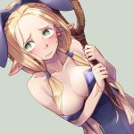  1girl 3: animal_ears bare_shoulders blonde_hair blush braid breasts bright_pupils cleavage closed_mouth covered_navel dungeon_meshi elf fake_animal_ears green_eyes hair_tubes hairband holding holding_staff leotard long_hair low_twintails marcille medium_breasts mochi_(mochi444420) pointy_ears purple_hairband purple_leotard rabbit_ears solo staff strapless strapless_leotard twintails white_pupils 