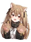  1girl animal_ears black_ribbon blush brown_hair cat_ears cat_tail eyebrows_visible_through_hair fang girls_frontline hair_ornament hair_ribbon hairclip highres long_hair long_sleeves looking_at_viewer mafuyu_(chibi21) open_mouth red_eyes ribbon scar scar_across_eye simple_background smile solo tail twintails ump9_(girls_frontline) upper_body white_background 