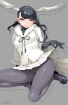  1girl black-headed_ibis_(kemono_friends) black_hair blush bodysuit breasts happa_(cloverppd) head_wings kemono_friends lifted_by_self long_hair looking_at_viewer mary_janes medium_breasts pleated_skirt shoes skirt skirt_lift smile solo violet_eyes 