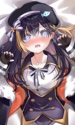  1girl @_@ anchor_earrings beret black_hair blush braid breasts earrings fingerless_gloves fish_hat_ornament fur-trimmed_jacket fur_trim gloves hair_between_eyes hat highres jacket jewelry large_breasts long_hair looking_at_viewer lying miza8276 multicolored_hair nijisanji nijisanji_en nose_blush on_back open_mouth petra_gurin petra_gurin_(2nd_costume) pink_nails single_earring solo streaked_hair tearing_up virtual_youtuber wavy_mouth 