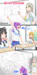  !? ... :d arm_up bangs black_hair blazer blue_eyes blue_sailor_collar blue_scrunchie blue_skirt breast_rest breasts chair classroom desk dr._white_(wet.elephant) drawing eyebrows_visible_through_hair formal green_eyes hair_between_eyes highres huai_diao_me jacket long_hair looking_at_another marker math miniskirt open_mouth orange_hair original pencil_skirt pleated_skirt ponytail purple_hair sailor_collar school_desk school_uniform scrunchie serafuku shaded_face shirt sitting skirt skirt_suit smile standing suit wet.elephant white_jacket white_shirt white_skirt whiteboard window yellow_eyes 