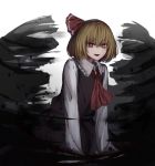  1girl :d alder ascot black_skirt black_vest blonde_hair commentary darkness fangs hair_between_eyes hair_ribbon highres long_sleeves looking_at_viewer open_mouth red_eyes red_neckwear red_ribbon ribbon rumia shirt short_hair simple_background skirt skirt_set smile solo touhou vest white_shirt 